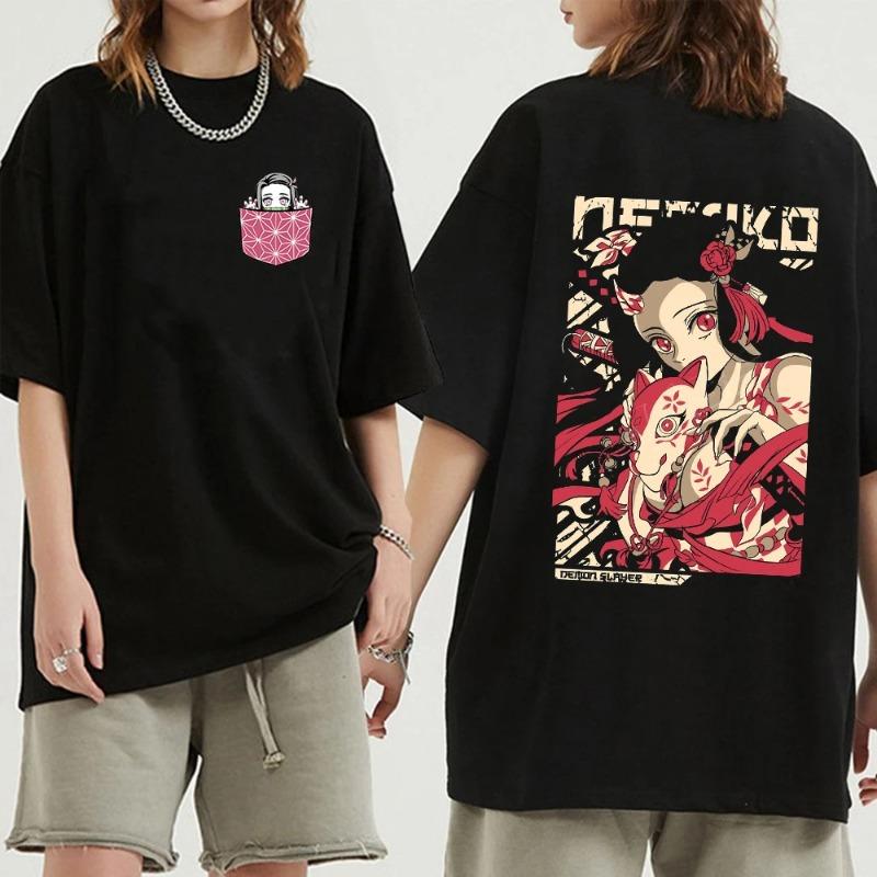 Japanese Anime Demon Slayer Women's T Shirt Nezuko Tshirt Female Tanjirou Kamado Graphic Tee Shirt Manga Y2k Black T-shirt Kwaii