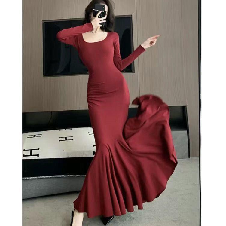 Lotus Square Neck Long Sleeve Women’s Fishtail Dress - Slim Waist Hip-Hugging Versatile Style for Spring and Autumn