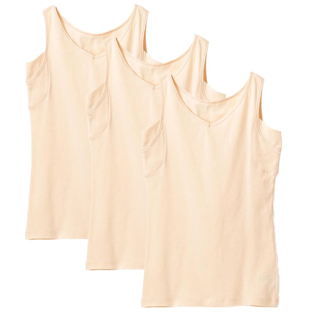 Shirasagi Knit Dry Skin Cotton Tank Tops with Heavy Sweat Beige 3-Pack 100% Pads, Women's Sweat-Absorbing Underwear, M9491P-E,