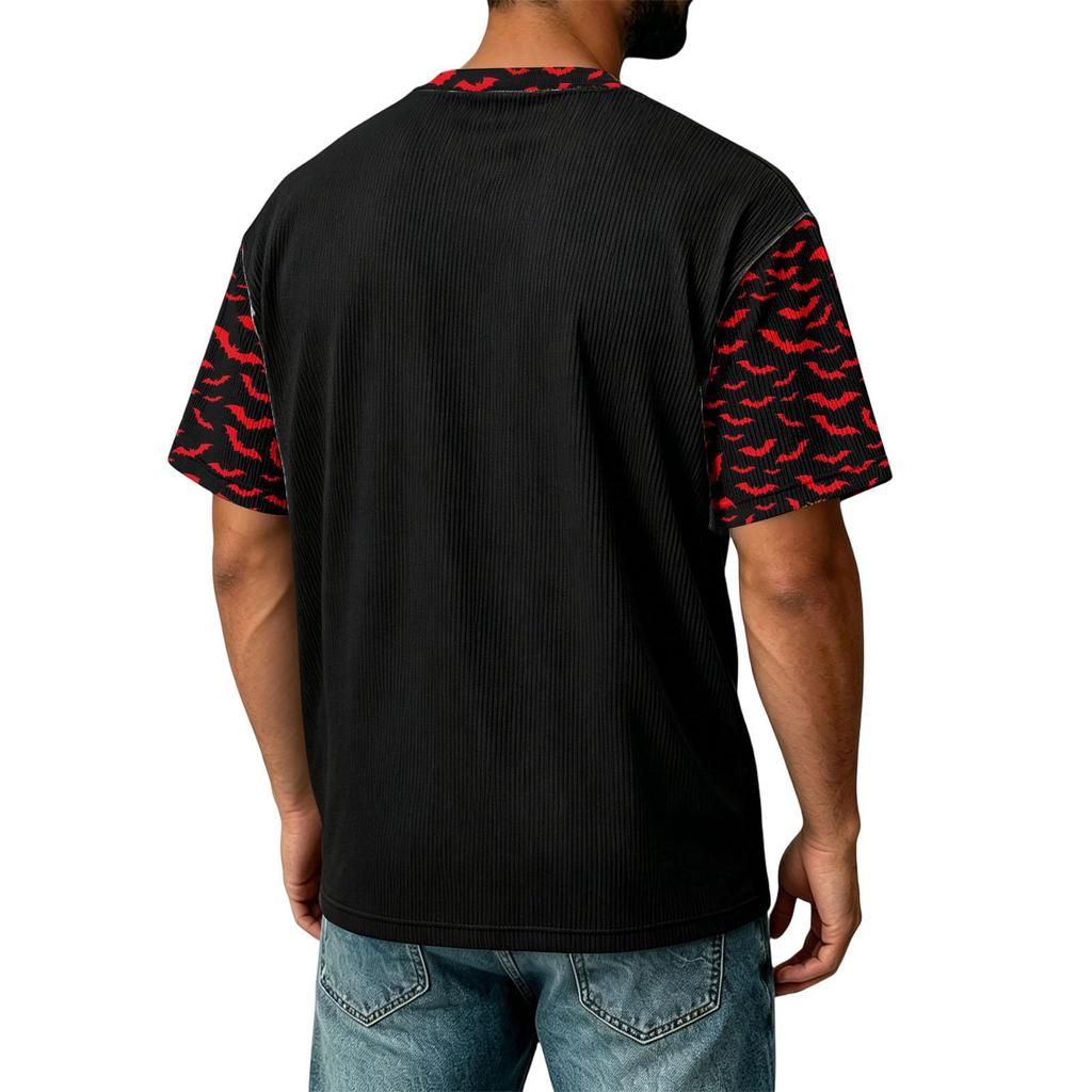 Men's Casual Corduroy Round Neck Lightweight Breathable Short Sleeve Top Halloween Print Lettering Design