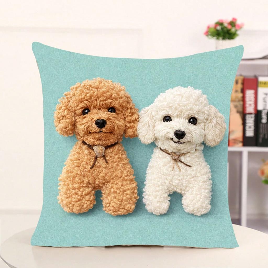 1Pc Cute Bichon Frise Pillow Covers - Polyester, 2D Double-Sided Printed, Floral Pillow Cases For Sofa & Bedroom, Perfect Pet Lo