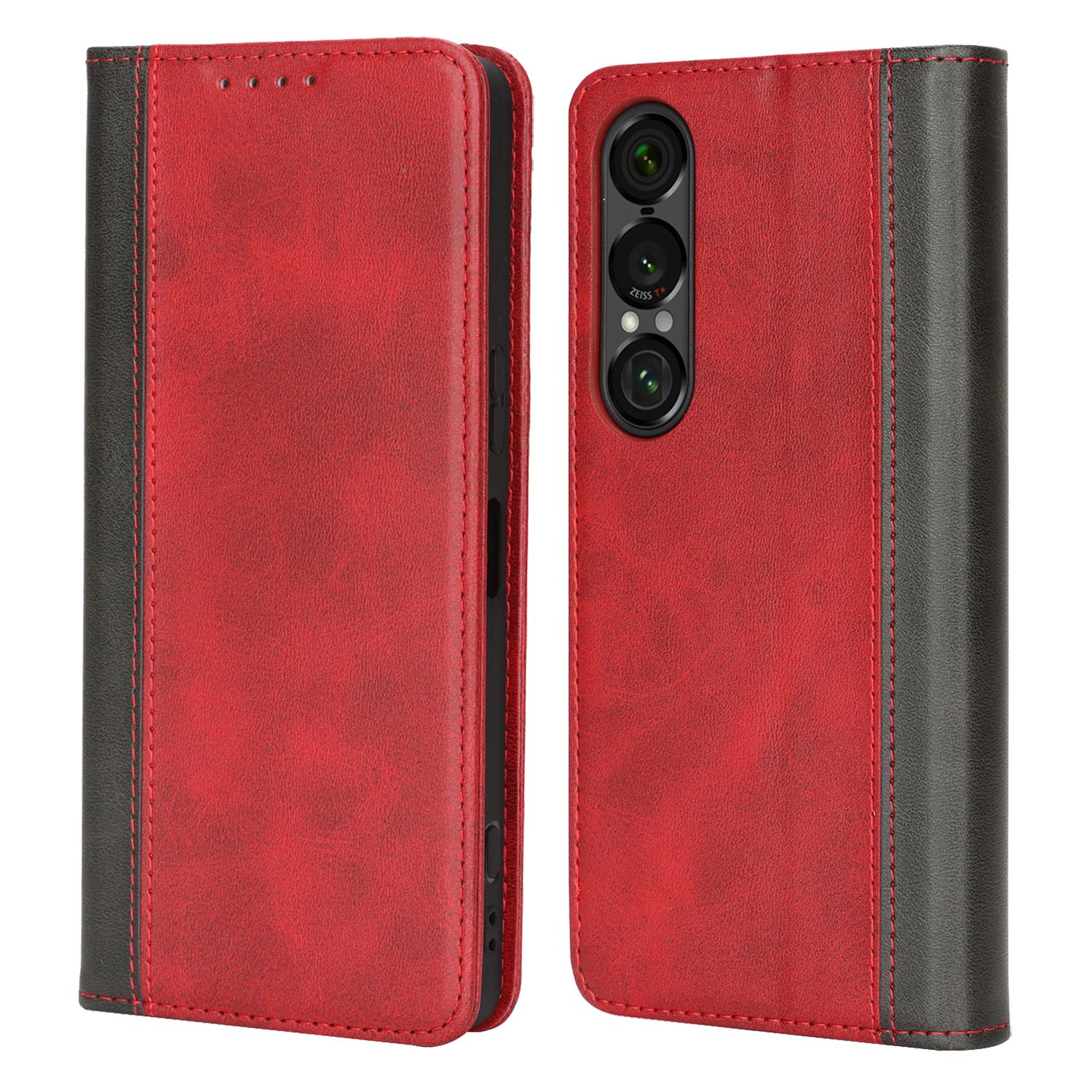 

For Sony Xperia 1 VII Case Calf Texture 3 Card Slots Color Splicing Leather Phone Cover Red+Black