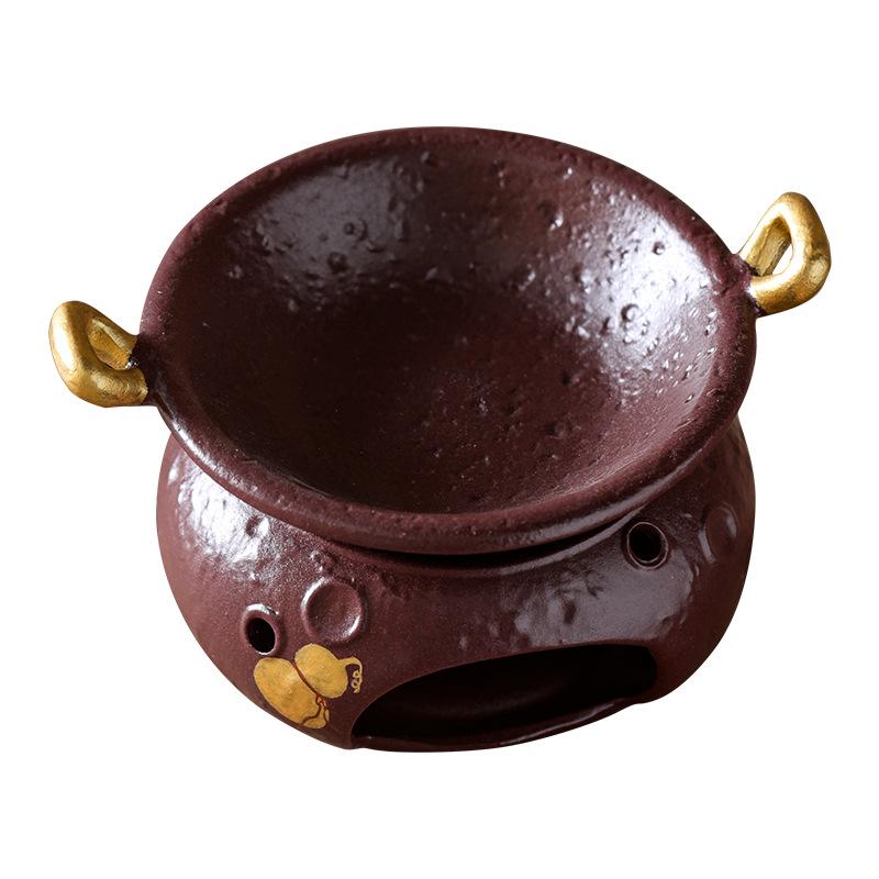Purple Glaze Fu Lu Round Tea Stove + Triangle Golden Ear Baking Pan Ceramic Stir-Frying Tea Maker Set