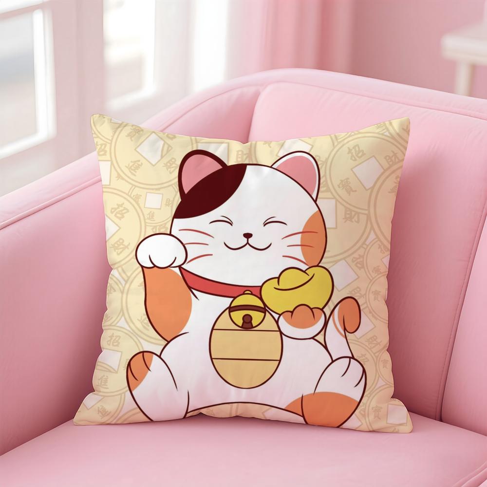 Rich Luck Maneki  neko Cushion Cover Linen Pillowcase Cover Soft Decor for Sofa Home Room
