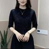 Spring Autumn Women's Glitter Grid Knit Top Half Sleeve Mock Neck Slim Blouse