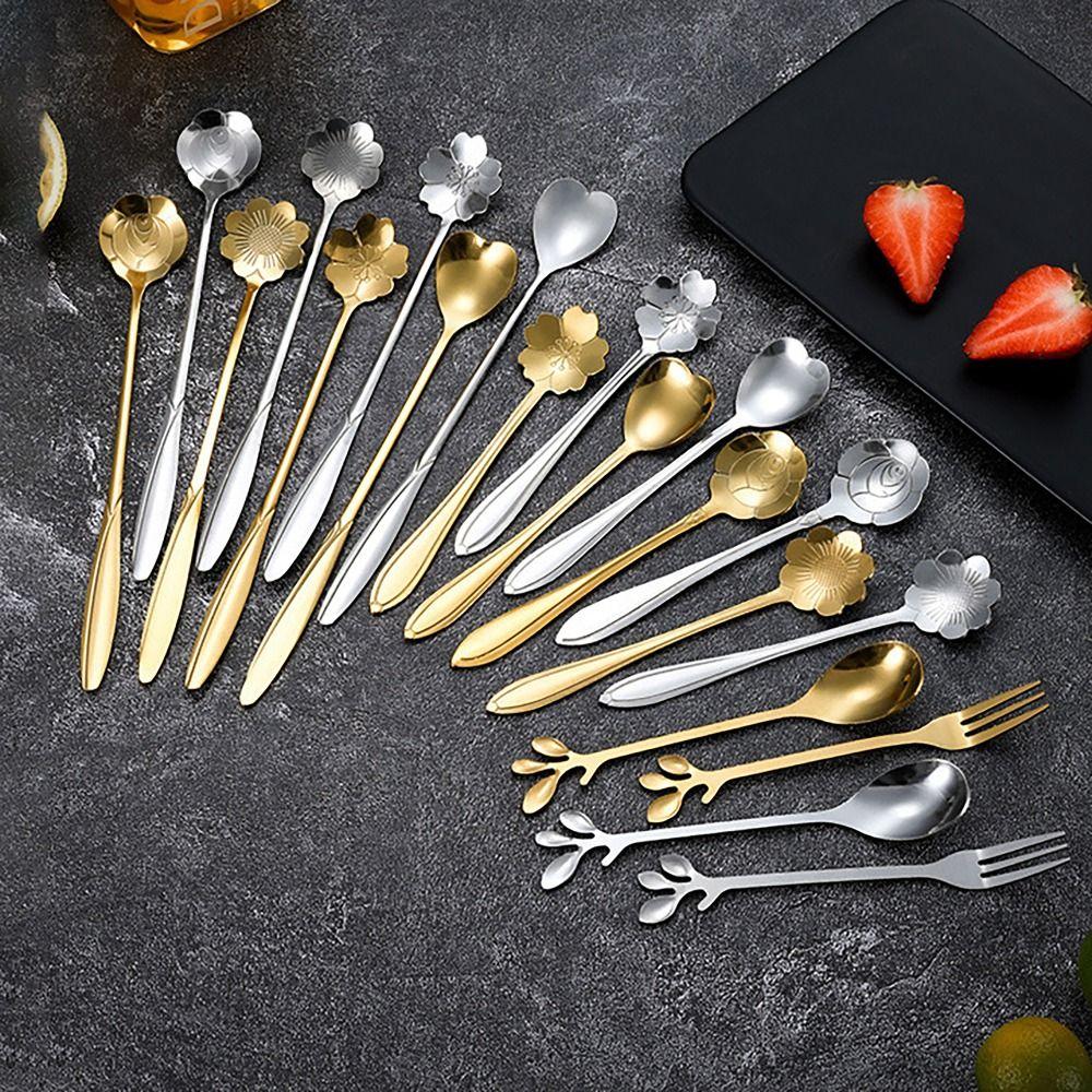 Gold Silver Stirring Spoon SAKURA ROSE LOVE Coffee Spoon Creative Dessert Spoon  for Kitchen Tools