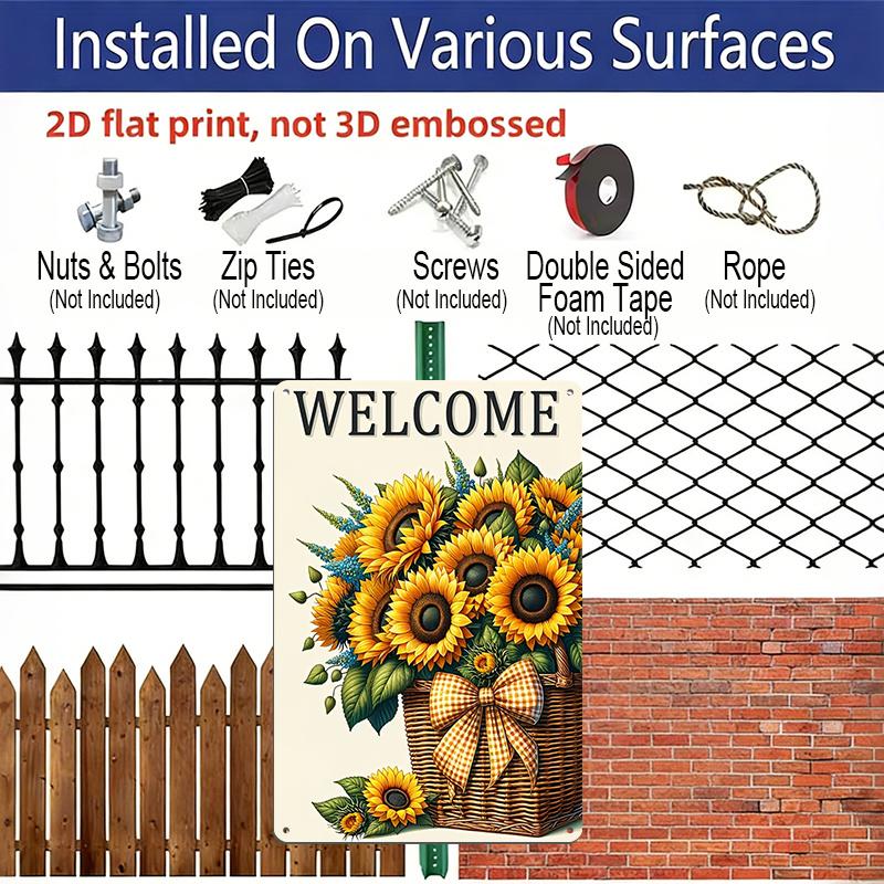 2D Flat Aluminum Plaque, Welcome Sunflower Basket Sign, 8x12 Inch, Farmhouse Rustic Floral Decor, Porch & Entryway Wall Art