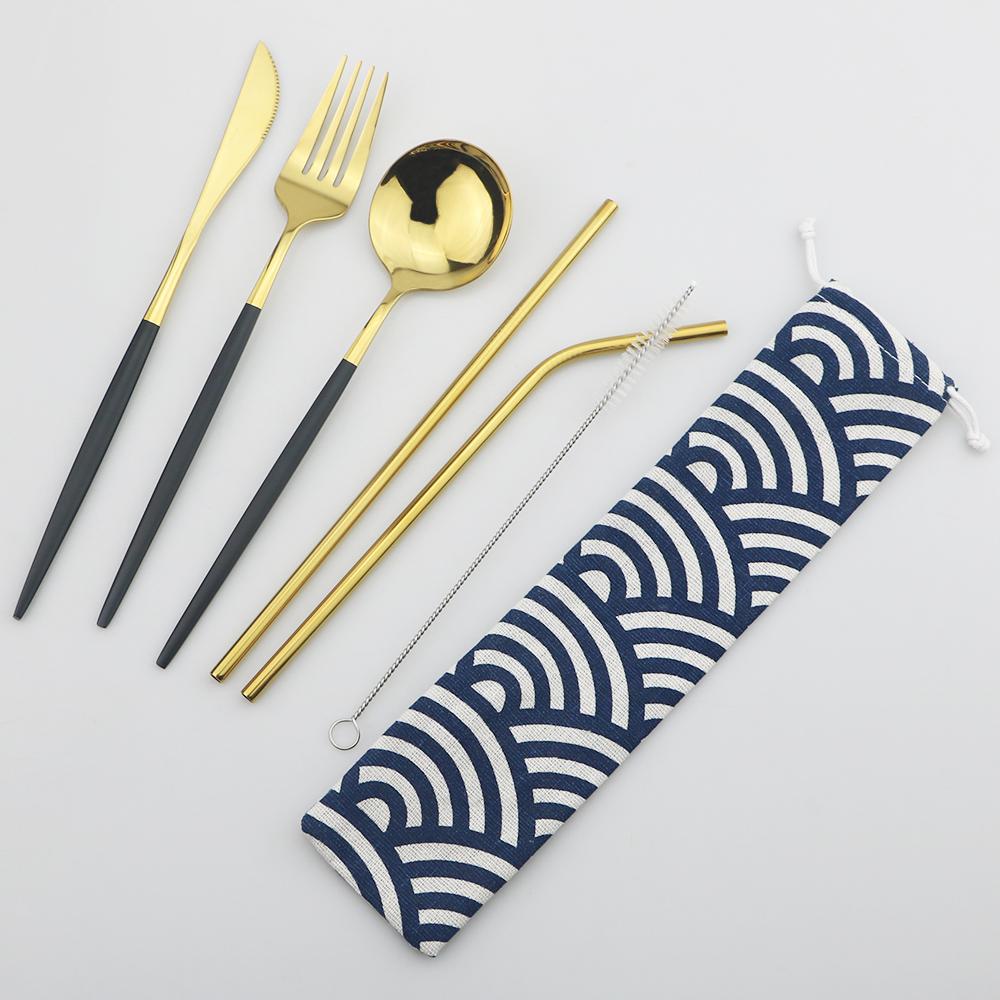 6Pcs Travel Camping Cutlery Set Travel Flatware Set Knife Fork Spoon Straw With Portable Bag Stainless Steel Tableware Set