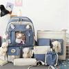 5Pcs Kawaii Backpack Casual Bags Cute Aesthetic Backpacks with Tote Handbag Pencil Pen Case Pouch,with Cute Bear Pendant Pins (Blue)