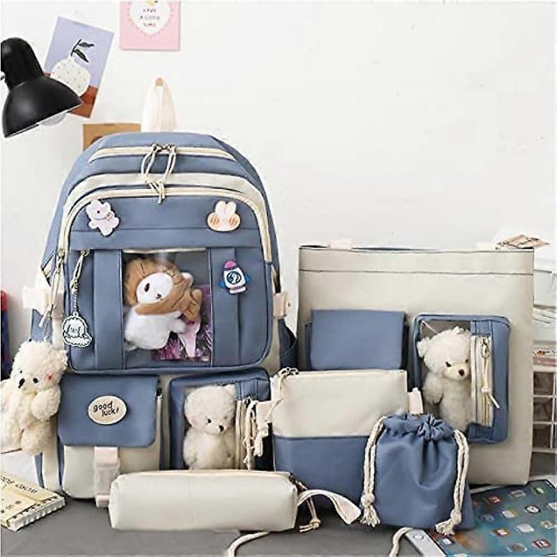 5Pcs Kawaii Backpack Casual Bags Cute Aesthetic Backpacks with Tote Handbag Pencil Pen Case Pouch,with Cute Bear Pendant Pins (Blue)