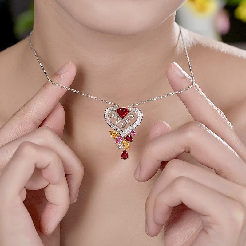 Designer Haute Couture Jewelry Super Fairy Colored Treasure Set Necklace, Light Luxury Full Diamond Ruby Pendant T Square Diamond Stud Earrings Women