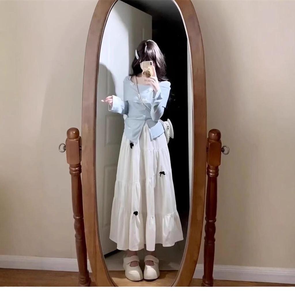 French Blue Long-Sleeve Spring Dress for Women 2025 - Small Sizes Available