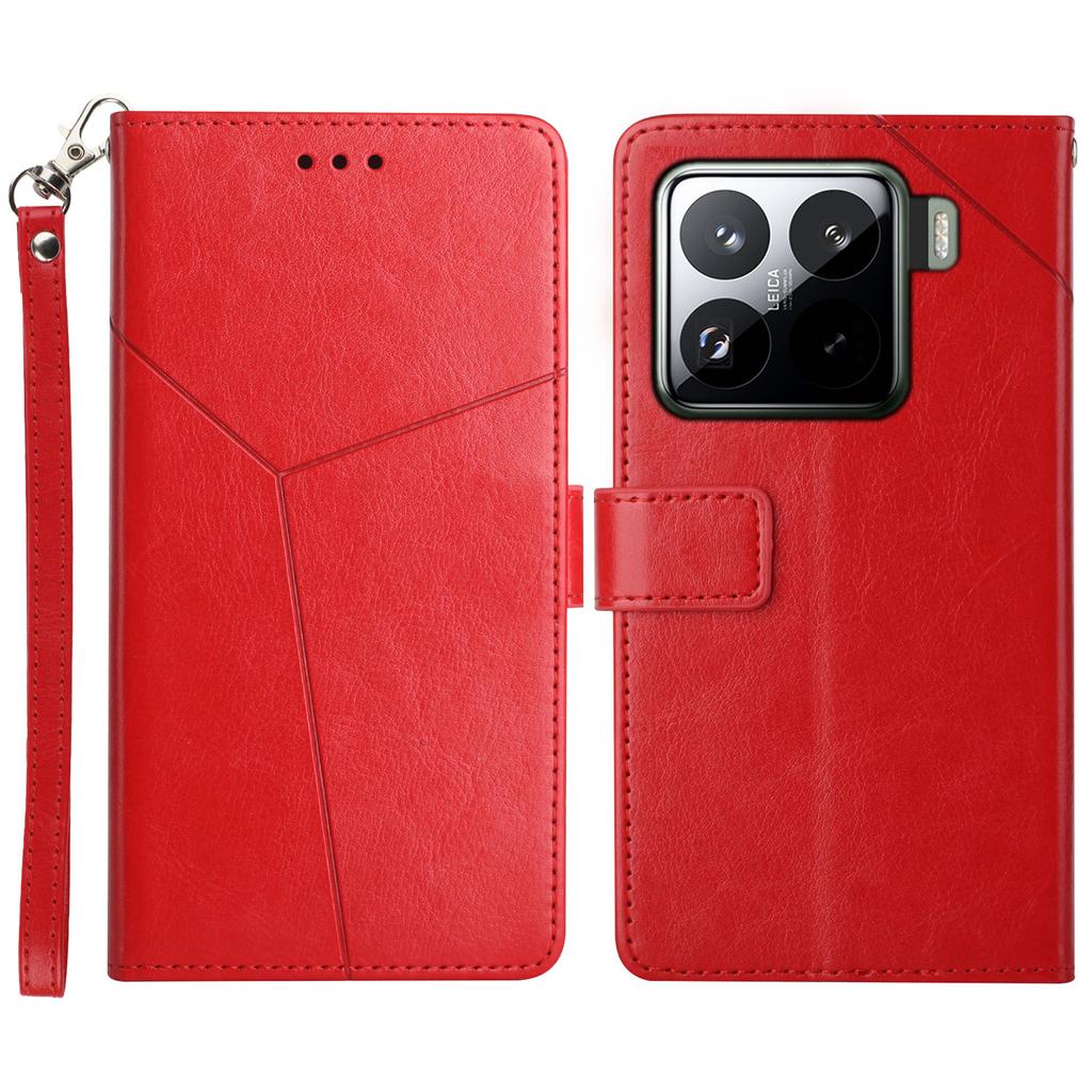 For Xiaomi 15 Pro Case with Wrist Strap Y Shaped Lines Imprint Leather Phone Cover