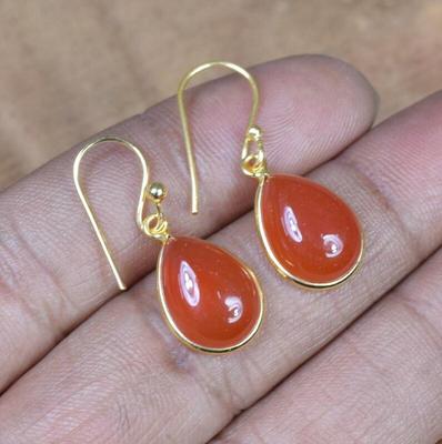 Karneol Edelstein Ohrringe, 925 Sterling Silber, Gelbgold Ohrringe, Geschenk für Sie, Lünetten Ohrringe, Jahrestag Geschenk
