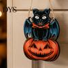 Autumn Theme Wall Ornament Halloween Wooden Door Hanging Sign, Black Cat Bat Pumpkin Plaque with Creative Holiday Party Supplies Jute Rope, Farmhouse