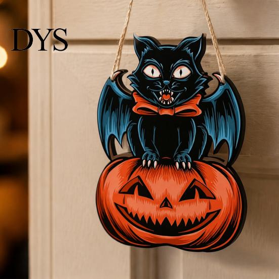 Autumn Theme Wall Ornament Halloween Wooden Door Hanging Sign, Black Cat Bat Pumpkin Plaque with Creative Holiday Party Supplies Jute Rope, Farmhouse