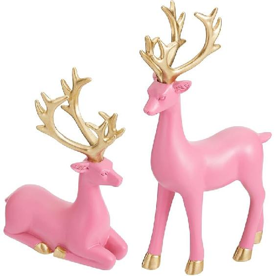 2Pcs Christmas Reindeer Figurines Decorations Resin Sitting & Standing Deer Statues Elk Figurine for Home Table Decor Wine Cabinet (Gold)