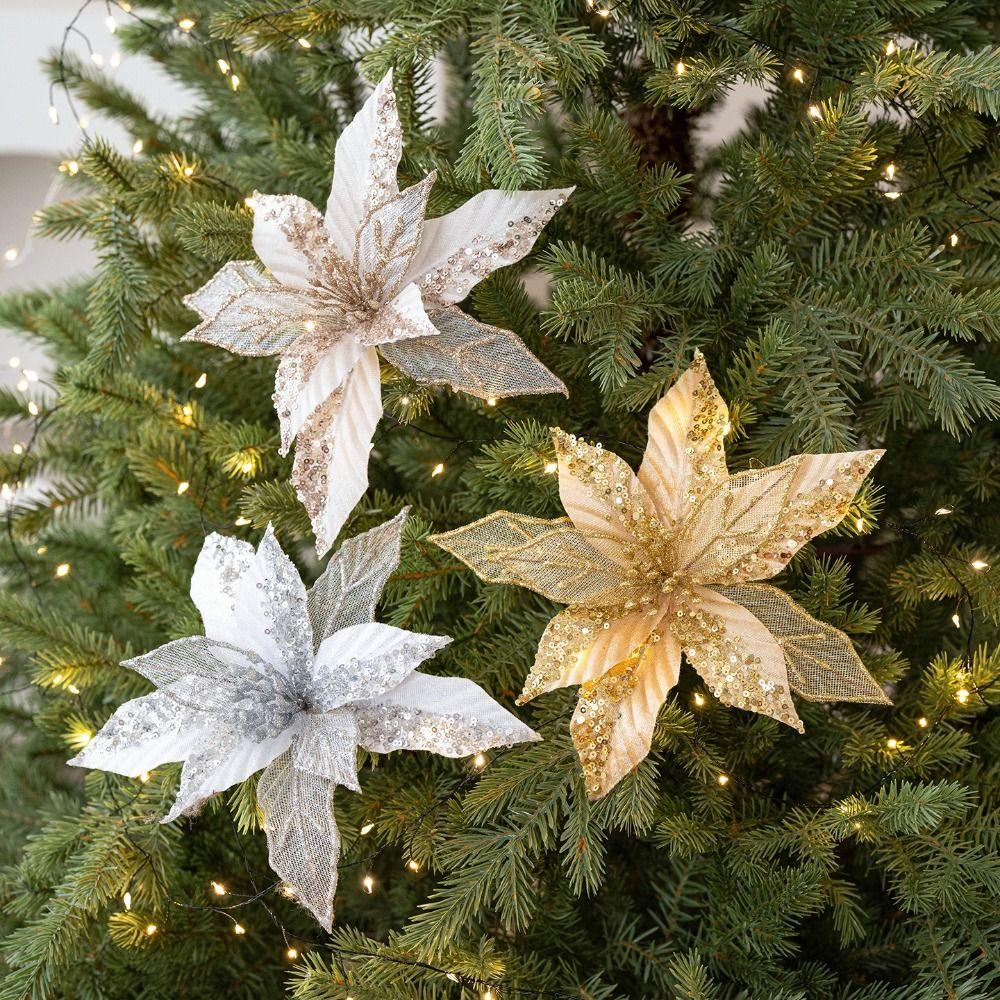 Fabric Plastic Xmas Decorative Flowers DIY Decoration Glitter Fake Flower  Xmas Tree Decorations