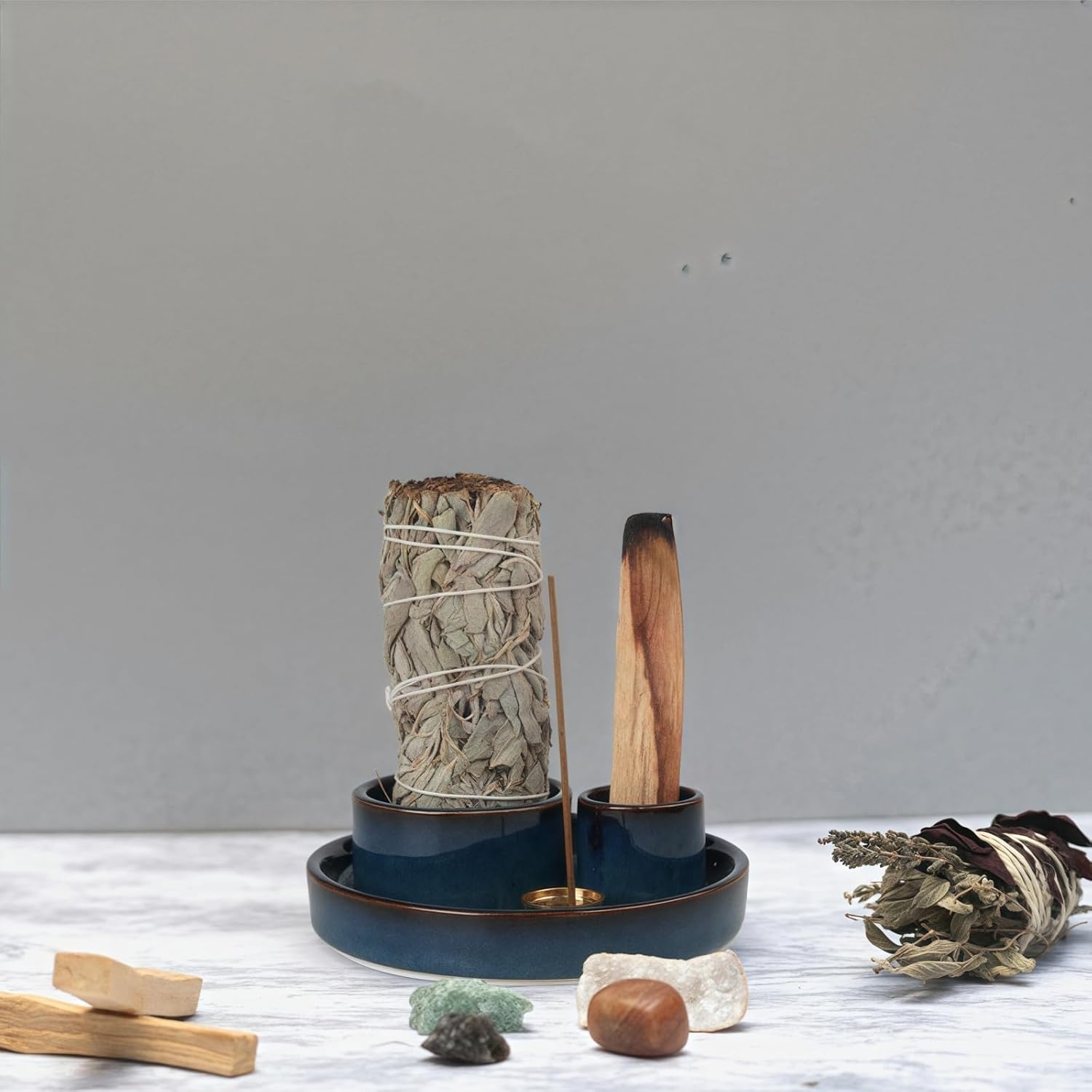 4 in 1 Incense Holder, Palo Santo Stick Holder,Sage Holder for Burning- 4.25  Sage Incense Holder for Meditation Room Home Decor (Blue Reactive)