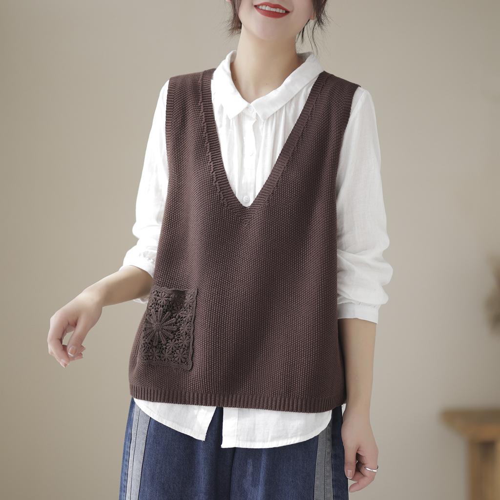 Spring and Autumn Women's Knitted Vest V-neck Solid Color Ethnic Style Lace Sweater Women