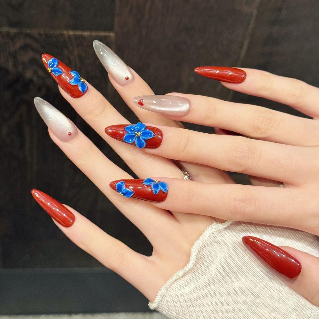 Press on Nails Almond Fake Nails 3D Flower Design Glue on False Nails Press ons Reusable Acrylic Nails Glossy Full Cover Stick on Nails for Women