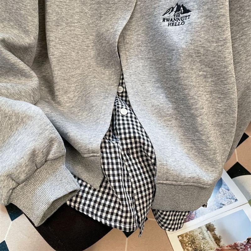 Two Fake Women's Hoodies Plaid Long Sleeved Button Down Sweatshirt New Embroidered Korean Style Woman Contrasting Color Top