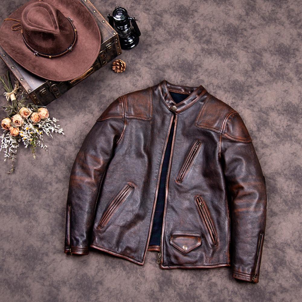 Chinese Size Vintage Men Genuine Leather Jacket Tea Core Cowhide Thickness 1.6mm Tanned Oil Waxed Real Leather Jacket Heavy Thick