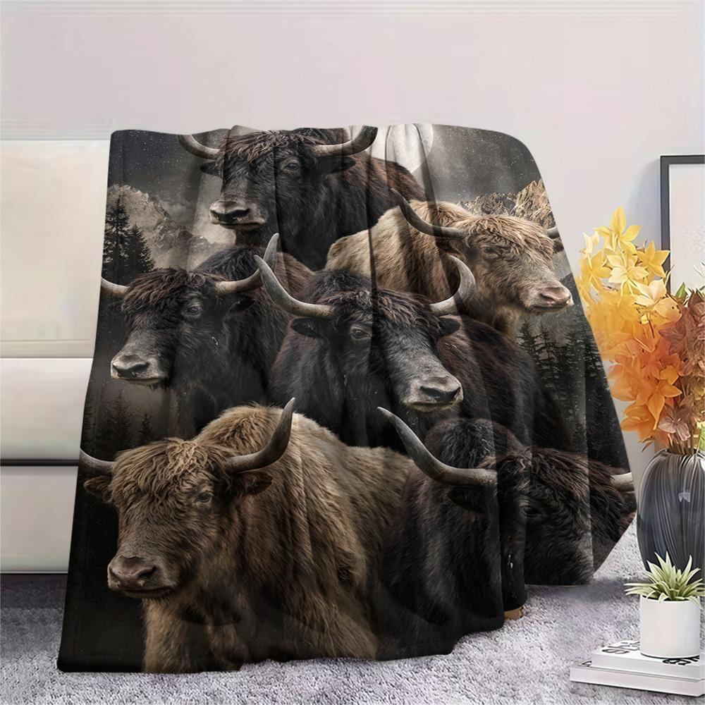 1PC Moonlit Highland Yaks Print FlAannel Blanket, High quality Comfortable for All Seasons, Home Decor, Warmth and Comfort