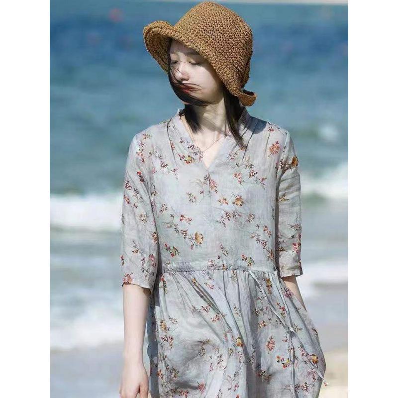 2026 Summer Cotton Linen V-Neck Waist-Cinching Printed Dress - Fashionable Casual Short-Sleeve Skirt for Women