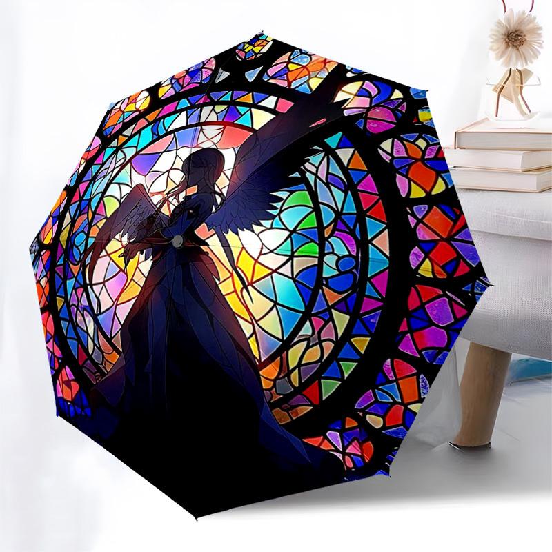 

1pc Stained Glass Angel Design Automatic Folding Umbrella - Portable Tri-Fold Design with 8-Bone Iron Frame, Outdoor, Ideal Gift for Fans, Travelers,