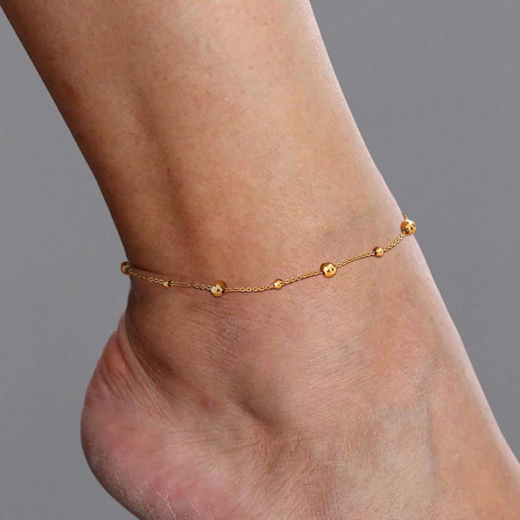 Minimalist Bead Anklet for Women,18K Gold Plated Stainless Steel Flat Rolo Chain Anklets,Fashion Jewelry Gift