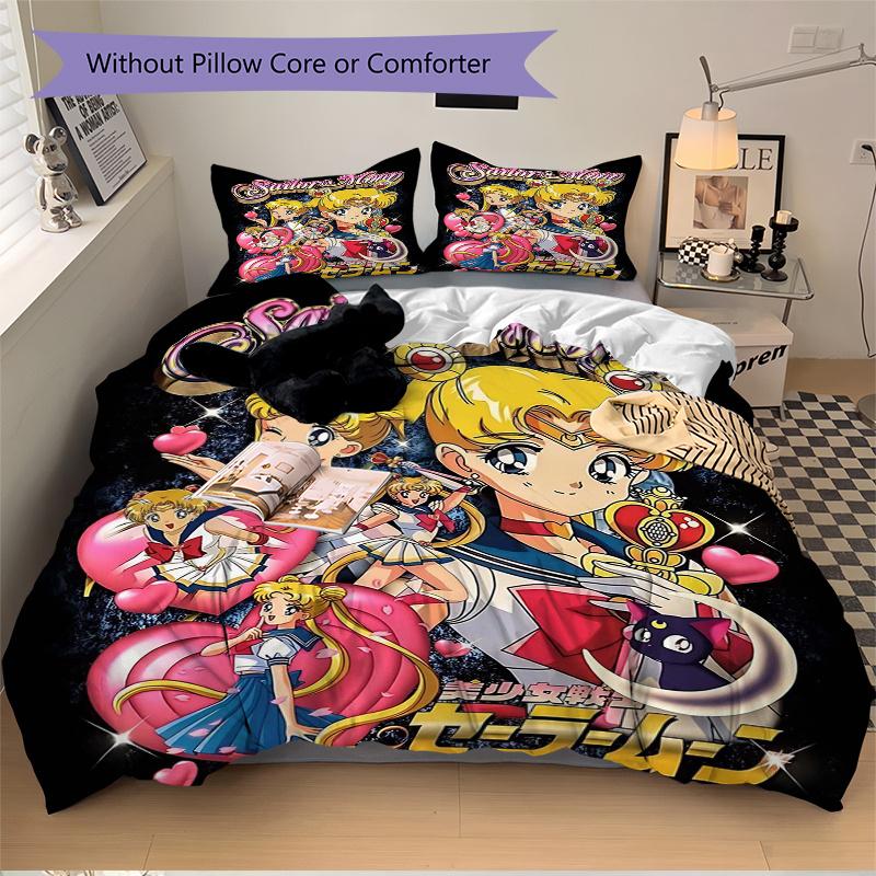 3pcs Sailor Moon Pattern Bedding Set, 1* Cover + 2*Pillowcases, Printed Bedding Set, Soft and Comfortable, Suitable for Bedroom and Guest Ro