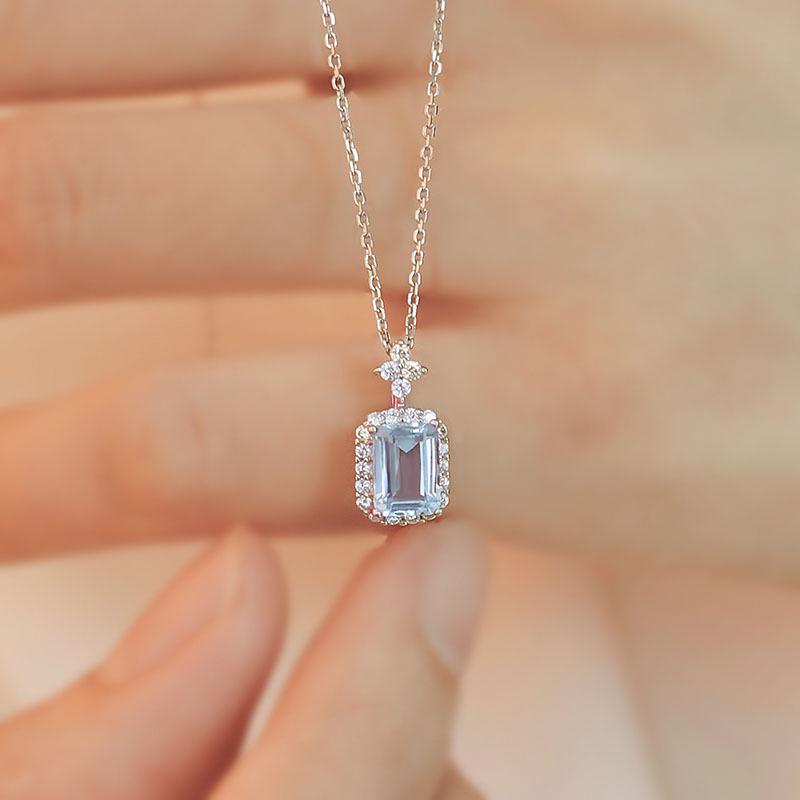 Vintage Sea Blue Zircon Square Pendant Necklace For Women Girls Delicate Clavicle Charm Chain Necklace Party Jewelry Accessories