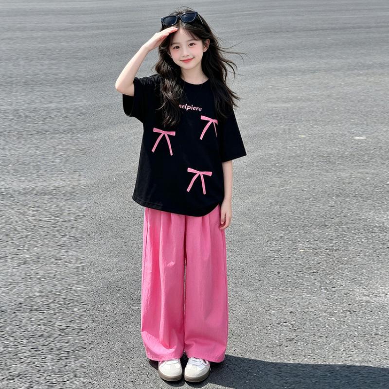 Girls Stylish Summer Two-Piece Casual Set with Wide-Leg Pants 120 cm