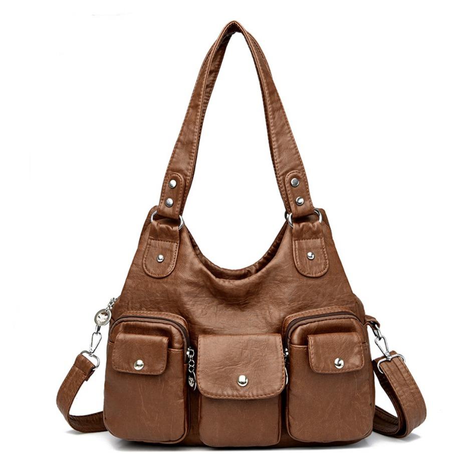 Women Casual Multiple Pockets Tote Bag Lady Large Capacity Shoulder Crossbody Bag for Women Vintage Soft Leather Travel Bag