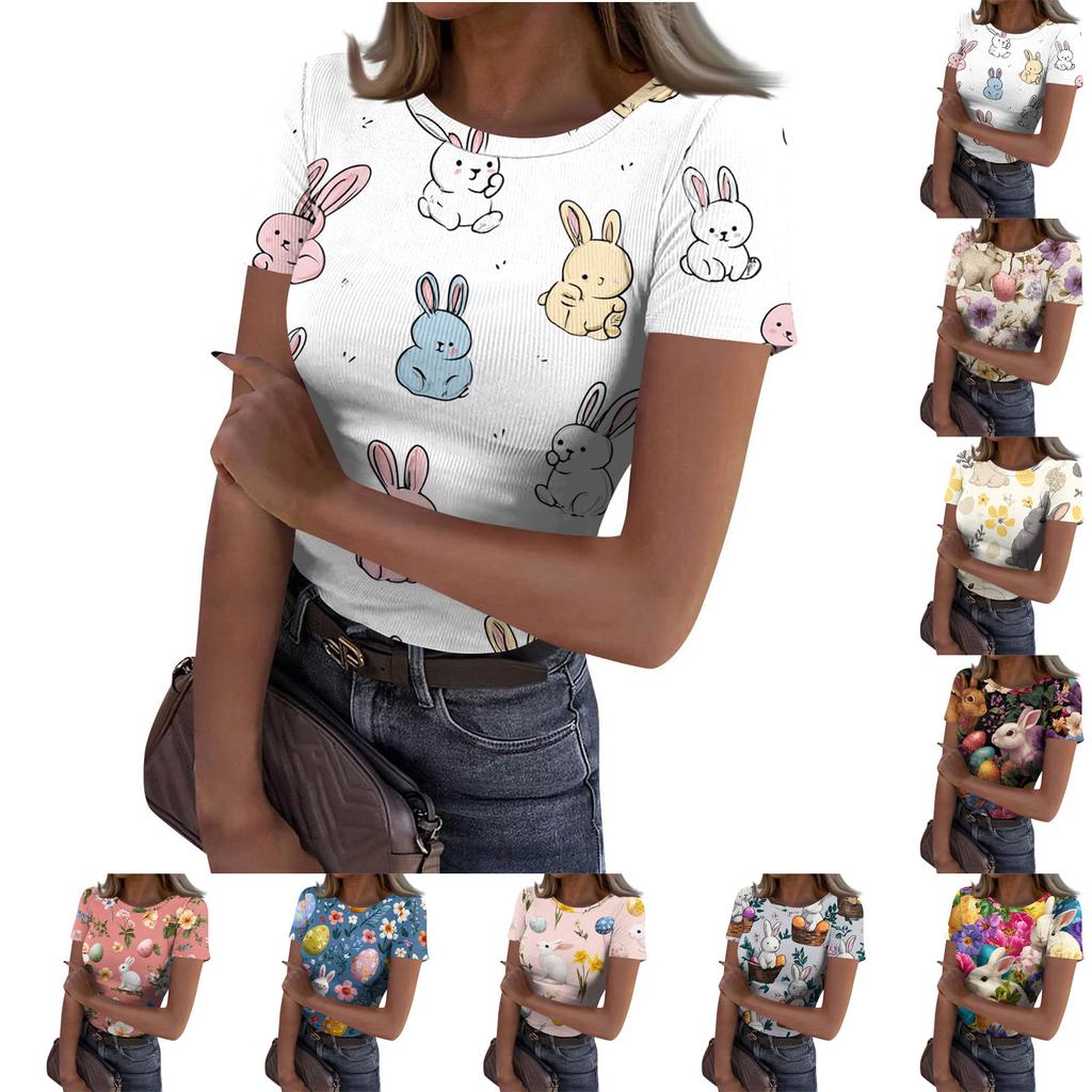 Dámský ležérní módní kulatý výstřih s velikonočním potiskem, krátký rukáv, žebrovaný top