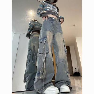 Macacão Jeans Feminino 2026 Retrô Americano com Múltiplos Bolsos - Jeans Casual Tendência de Perna Reta