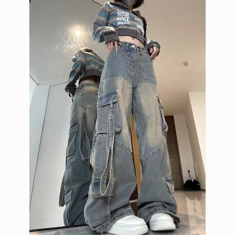 

Women s 2026 American Retro Multi-Pocket Denim Overalls - Casual Straight-Leg Trendy Jeans XL синий/джинсовый