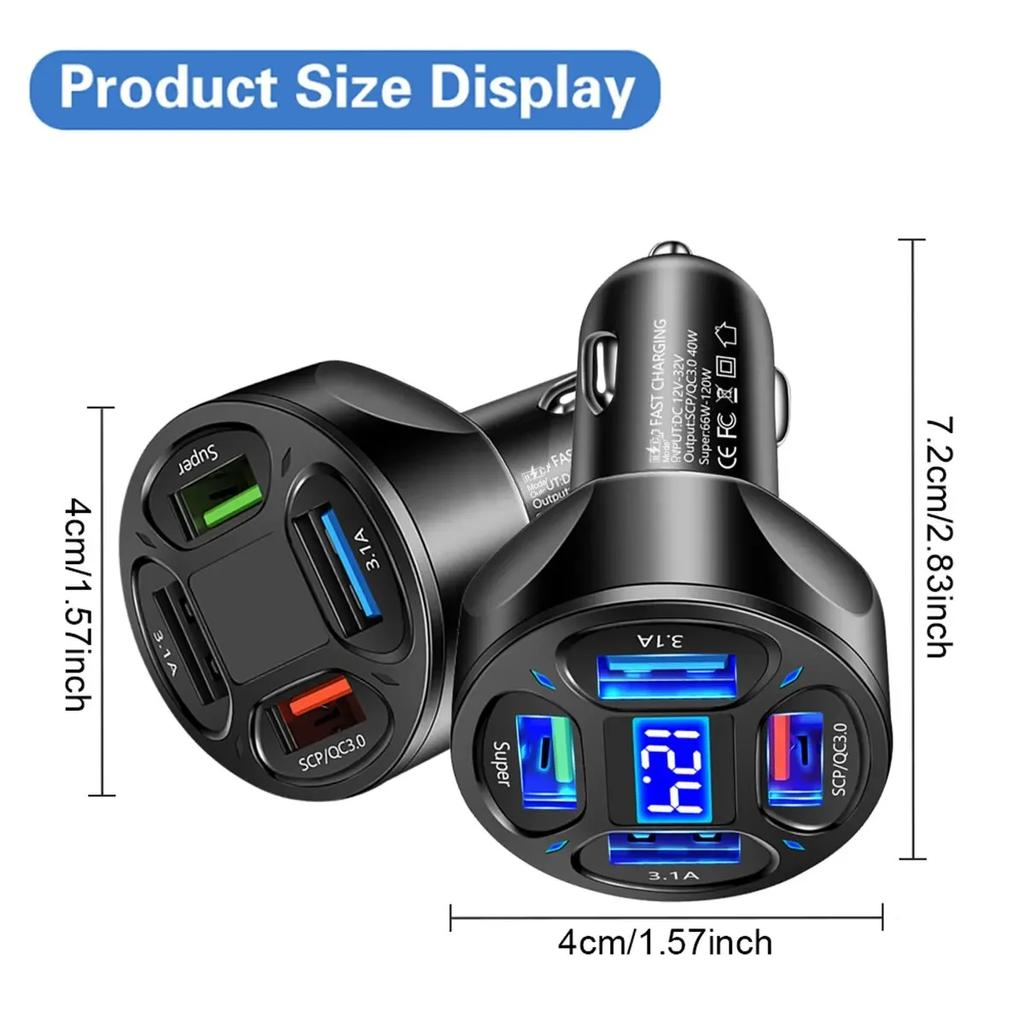 4-Port Car Phone Charger Adapter – 100W Fast Charging for iPhone, Samsung, Huawei, Xiaomi (USB, QC3.0)