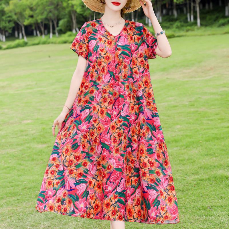 Elegant Women's Dresses Summer Vintage Clothes Plus Size Short Sleeve Casual Loose Long Dress