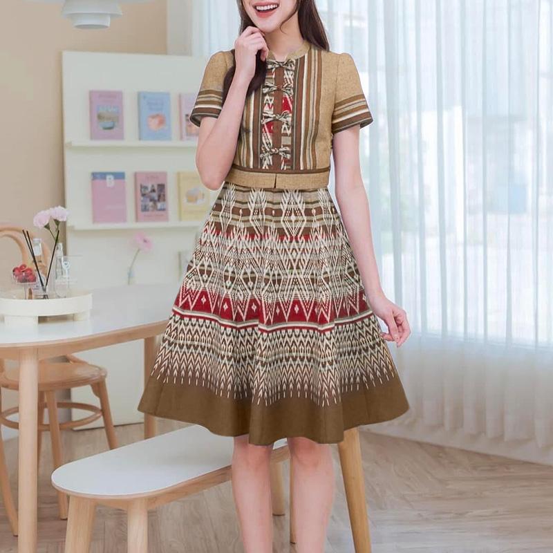 

ZANZEA Женское повседневное платье А-силуэта с коротким рукавом и воротником-стойкой, с ретро-принтом 5XL коричневый