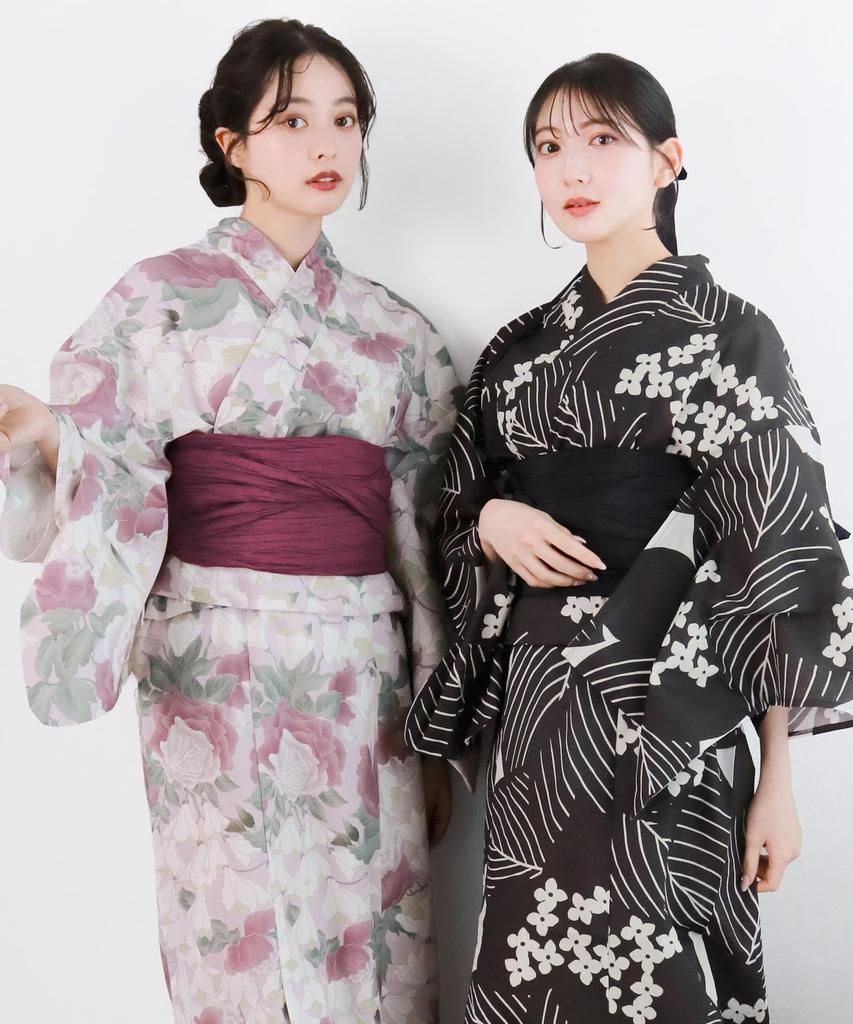 Yukata Unique Set Heiko AB Painting Flower Free [KYOETSU] [Kyoetsu] Set, Weave, Two-Piece (Yukata, Obi), Women's (Ink Shadow, Size)