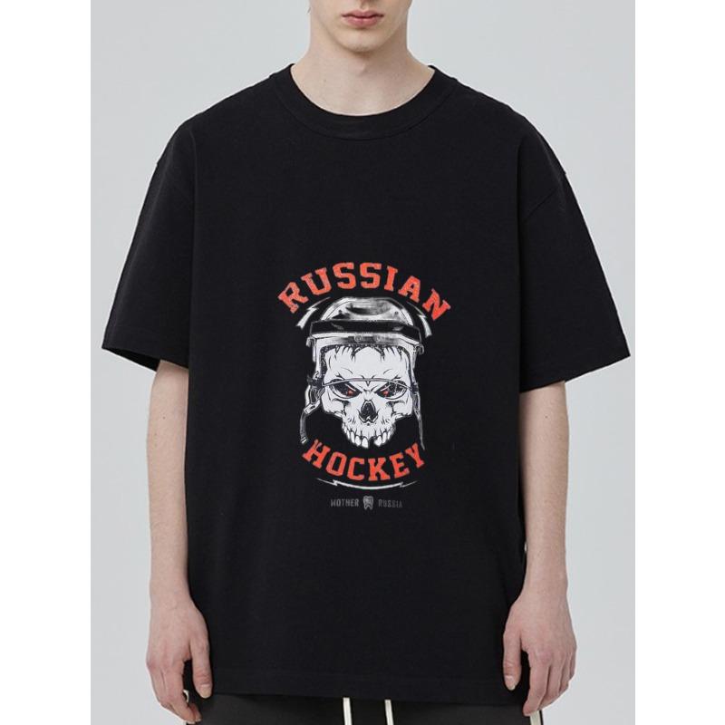 

Russian Hockey T Shirt Black Skull with Helmet and Red Text for Casual Wear XXXXL чёрный