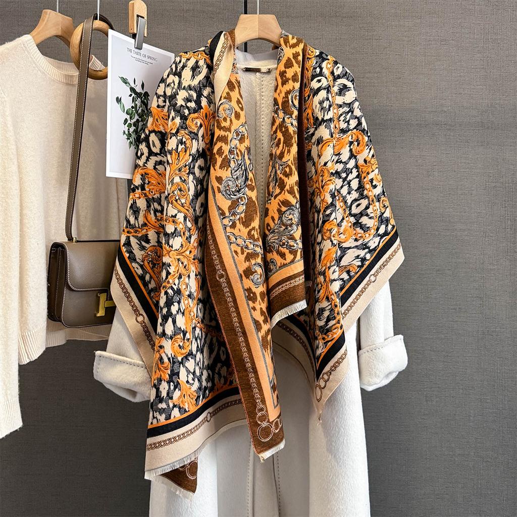 Autumn Versatile Leopard Print Chain New Imitation Cashmere Jacquard Scarf Women's Thickened Warm Scarf with Cape Long Scarf