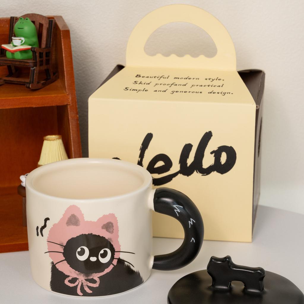 Cat Mug Retro Design Ceramic Water Cup With Lid Gift Box With Souvenir, High-End Cup Cartoon Girl