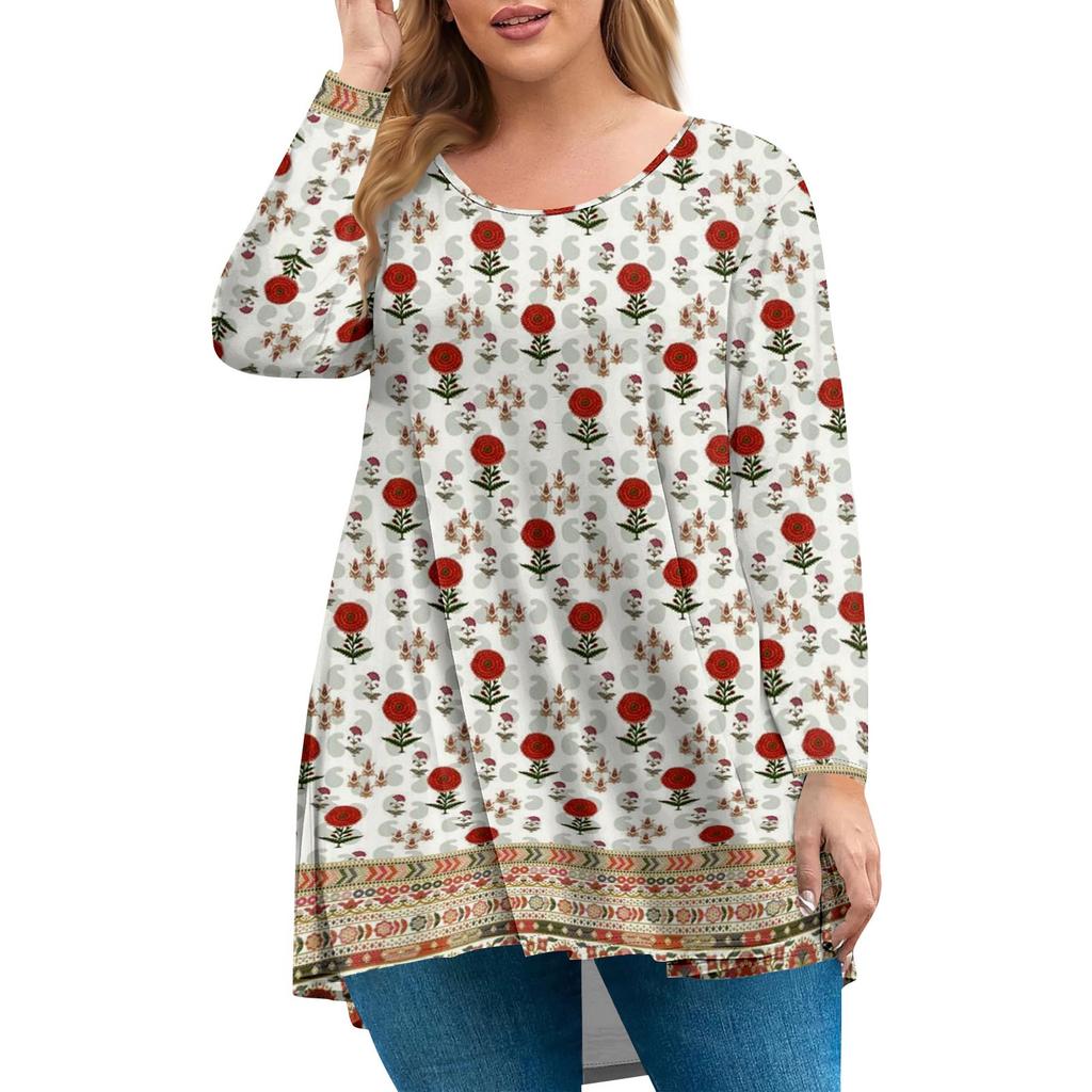 Women's Plus Size Top, Garden Collar Long Sleeved Shirt, Fashionable Floral Print Casual Top
