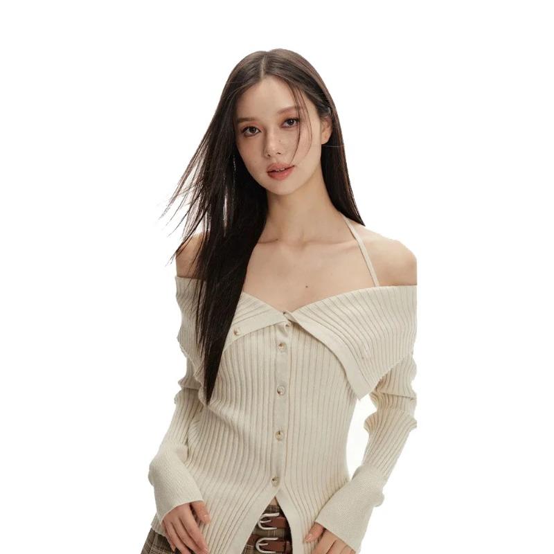 

Весенние женские кардиганы с открытыми плечами и открытыми плечами Y2k, эстетические тонкие винтажные свитера в стиле гранж, модные повязки на бретельках, трикотажные женские XL бежевый