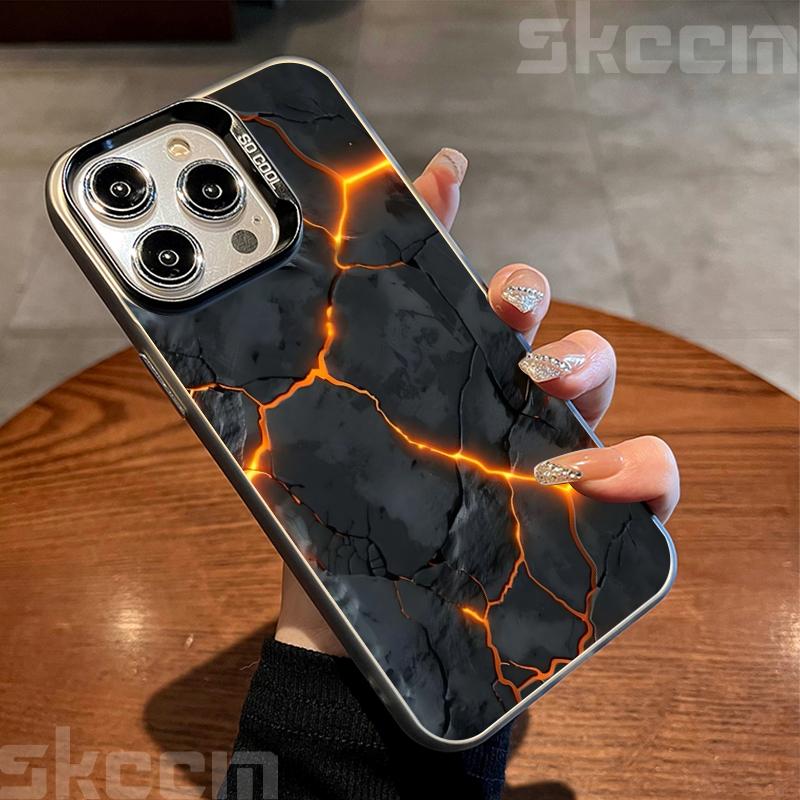 Creative Volcanic Magma Electroplate Silver IMD Case For iPhone 16 15 14 Pro Max Plus 11 12 13 Pro 7 8 Plus X XS XR Hard Cover