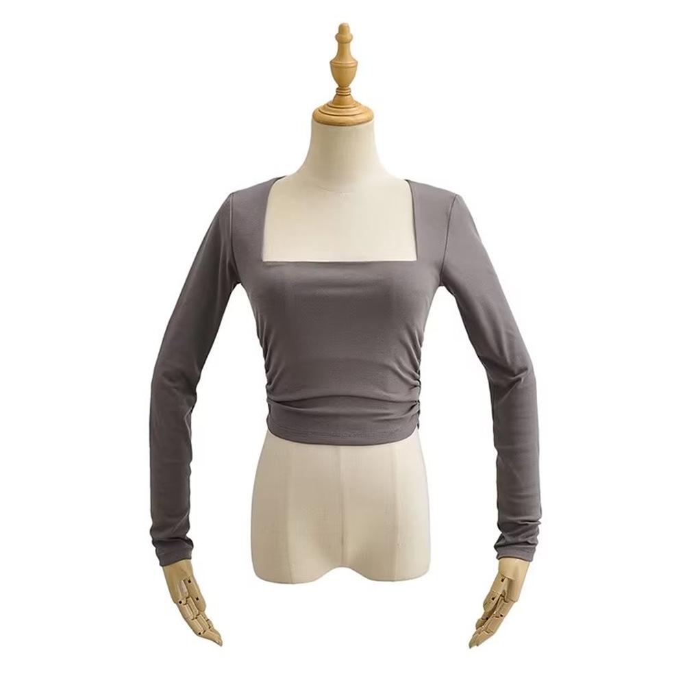 YPFF Trendiges Damen Oberteil mit geraffter Taille, langen Ärmeln und quadratischem Ausschnitt