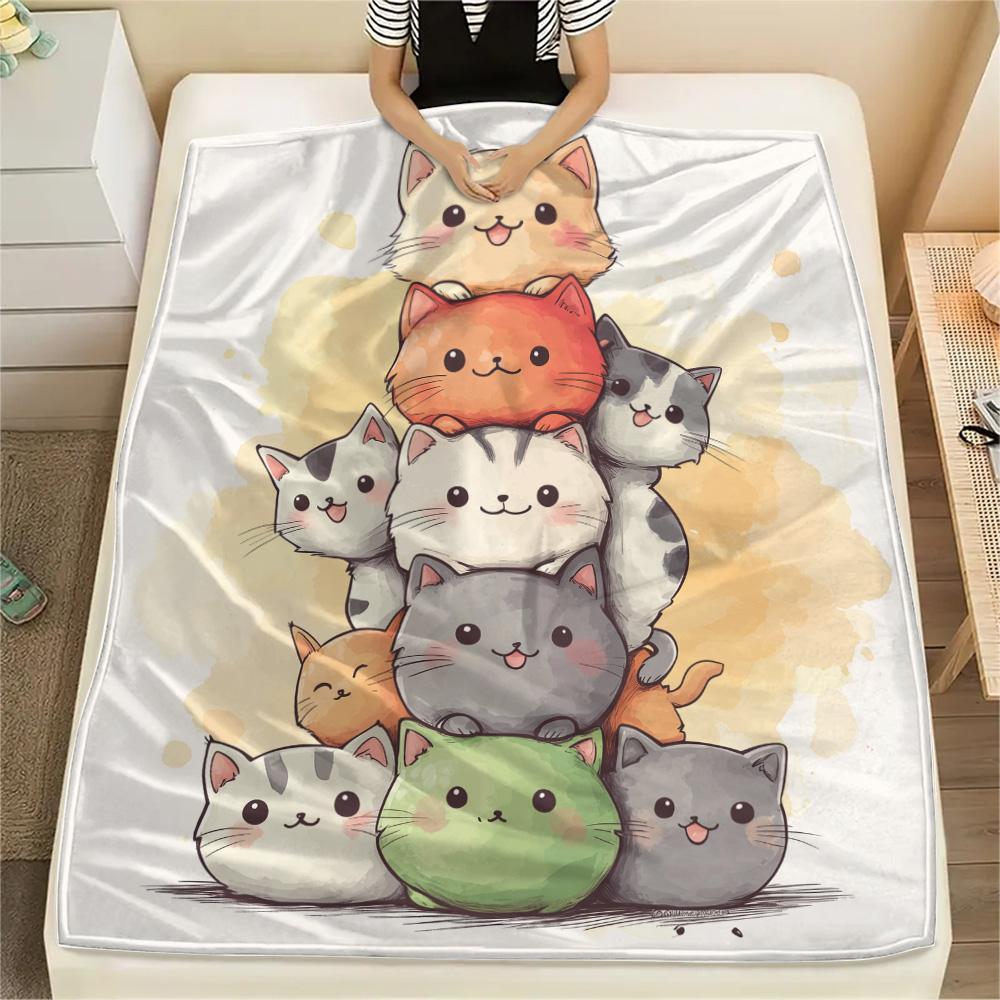 Stacked Cats Print Flannel Blanket, High quality Comfortable for All Seasons, Home Decor, Warmth and Comfort